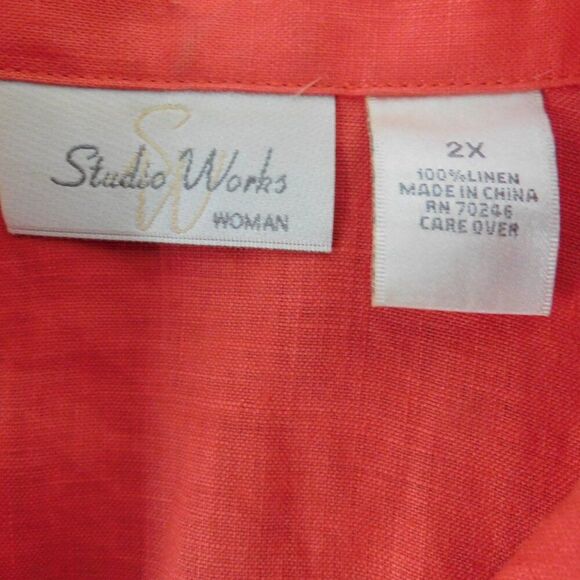 Womens Size 2X Red Orange Linen Tunic Button up Roll Tab Sleeve - Picture 4 of 6